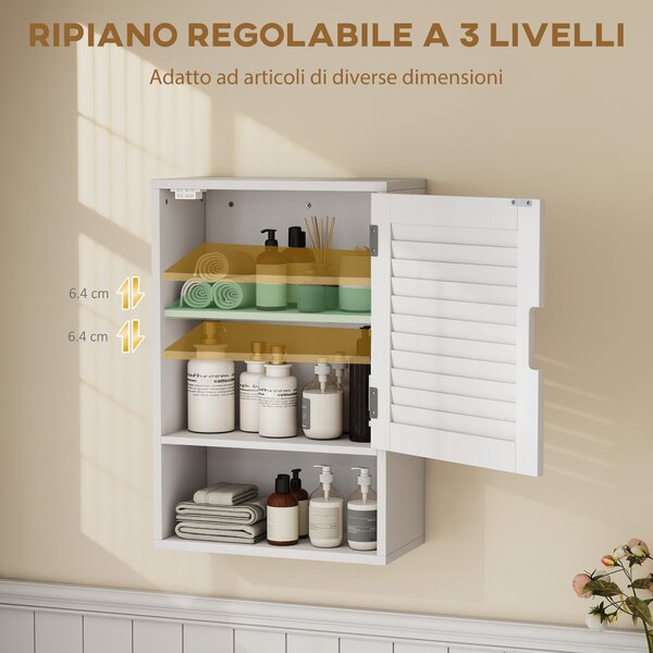 HOMCOM Armadietto Bagno a Parete con Ripiano Regolabile e Anta Ammortizzata, 40x20x60 cm, Bianco | Aosom Italy