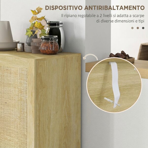 HOMCOM Credenza Cucina Boho, Mobile Cucina con Ante in Rattan, Ripiani Regolabili, per Sala da Pranzo Ingresso Salotto, 73x41x102 cm, Legno Naturale | Aosom Italy