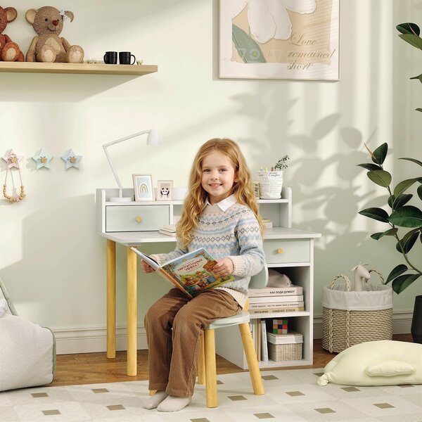 AIYAPLAY Set Scrivania e Sedia per Bambini con 2 Cassetti e Ripiani in Legno, per Cameretta, Studio, Asilo, Verde | Aosom Italy