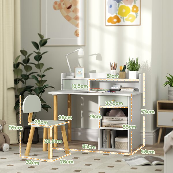 AIYAPLAY Set Scrivania e Sedia per Bambini con 2 Cassetti e Ripiani in Legno, per Cameretta, Studio, Asilo, Verde | Aosom Italy
