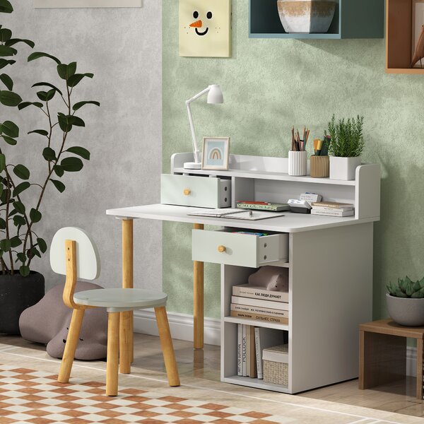 AIYAPLAY Set Scrivania e Sedia per Bambini con 2 Cassetti e Ripiani in Legno, per Cameretta, Studio, Asilo, Verde | Aosom Italy