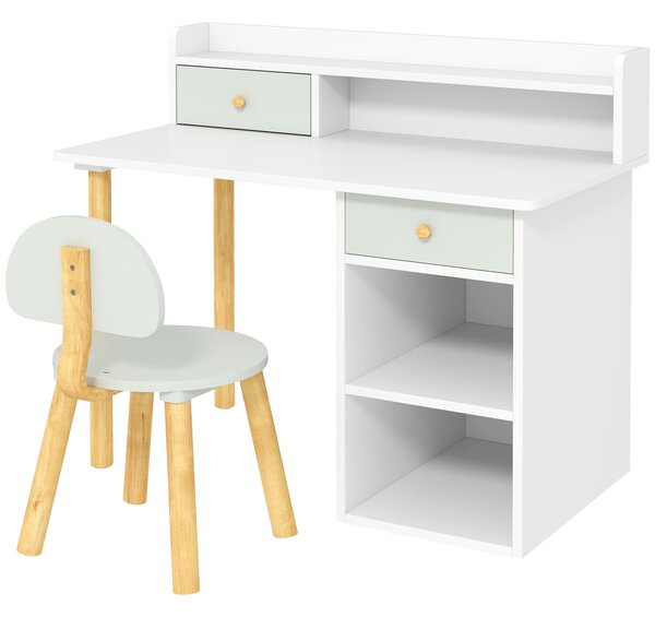 AIYAPLAY Set Scrivania e Sedia per Bambini con 2 Cassetti e Ripiani in Legno, per Cameretta, Studio, Asilo, Verde | Aosom Italy