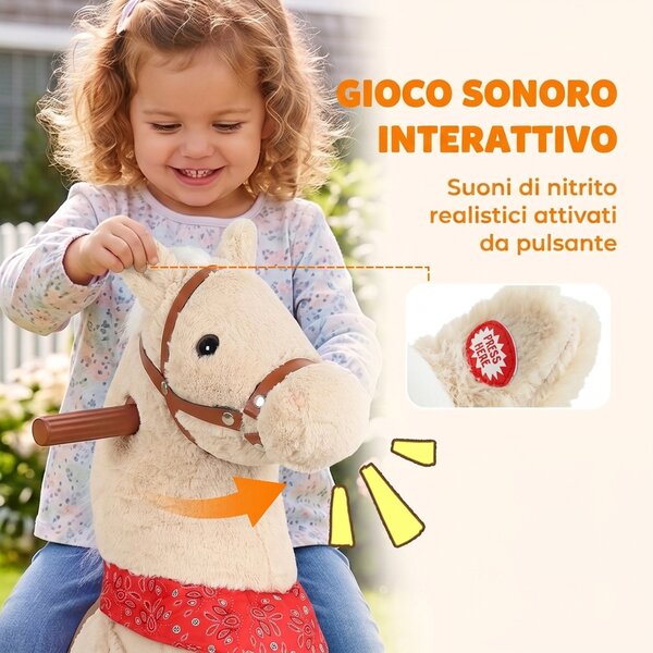 AIYAPLAY Cavallo Cavalcabile per Bambini con Testa Girevole, Suoni Realistici, Ruote Scorrevoli, Marrone Chiaro | Aosom Italy