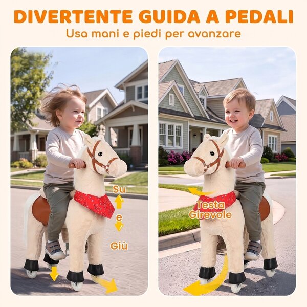 AIYAPLAY Cavallo Cavalcabile per Bambini con Testa Girevole, Suoni Realistici, Ruote Scorrevoli, Marrone Chiaro | Aosom Italy