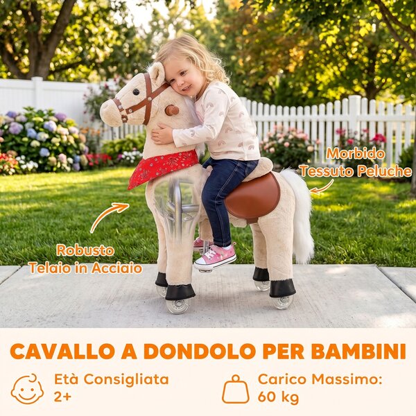 AIYAPLAY Cavallo Cavalcabile per Bambini con Testa Girevole, Suoni Realistici, Ruote Scorrevoli, Marrone Chiaro | Aosom Italy