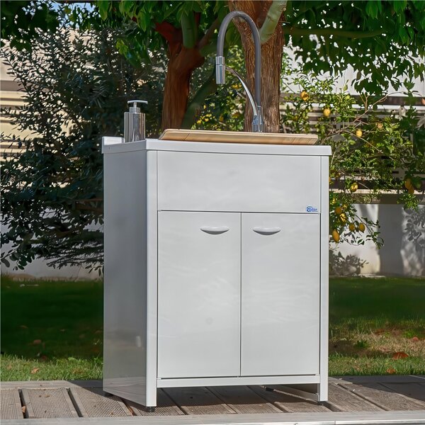 Lavatoio Grande con mobile in alluminio per esterno Dotato di Vasca e Tavoletta Lavapanni Dimensioni 60x60xh 83 cm con tubo rubinetto, flessibile e Gomito colore bianco RAL 9010