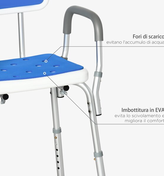 HOMCOM Sedia per Doccia con Imbottitura e Altezza Regolabile, Braccioli e Piedini a Ventosa|Aosom