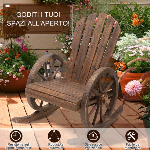 Outsunny Sedia a Dondolo Stile Adirondack, Design Rustico con 2 Ruote, Legno di Abete Rosso Effetto Bruciato, 88x68x92cm|Aosom