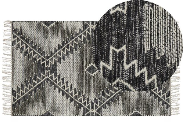 Tappeto in cotone bianco panna nero 80 x 150 cm lana motivo geometrico nappe tribale orientale Beliani