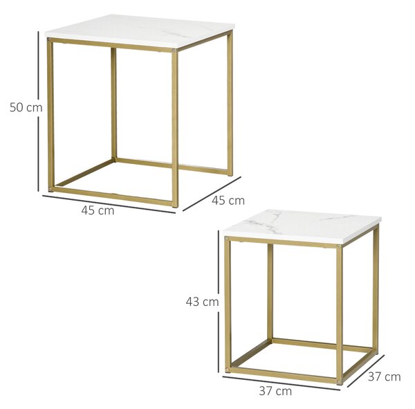 HOMCOM Tavolino da Salotto Set 2 Pz Impilabile con Piano Effetto Marmo in Truciolato e Struttura in Acciaio, 45x45x50 cm e 37x37x43 cm, Bianco e Oro