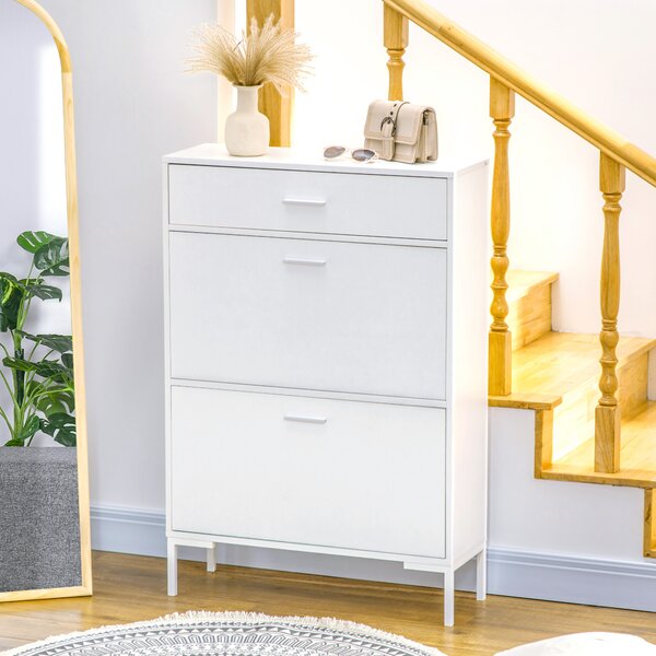 HOMCOM Mobile Scarpiera Moderno per 12 Paia di Scarpe con 2 Ante a Ribalta e Cassetto, in Truciolato, MDF e Metallo, 76x26x110 cm, Bianco|Aosom