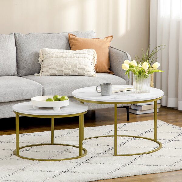 HOMCOM Set 2 Tavolini da Salotto Rotondi e Impilabili in Acciaio e Truciolato, Ø74x46.3 cm e Ø59x38.5 cm, Bianco e Oro|Aosom