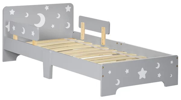 ZONEKIZ Letto per Bambini 3-6 Anni con Motivi a Stelle e Luna in Pannelli di MDF e Truciolato, 143x76x49 cm, Grigio e color Legno|Aosom