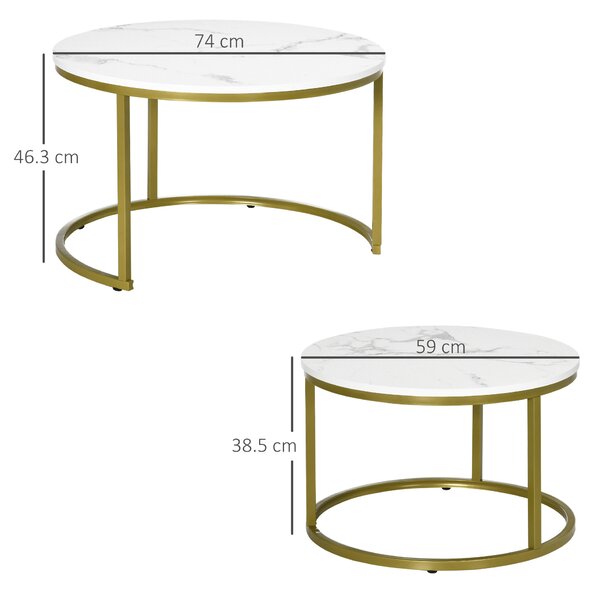 HOMCOM Set 2 Tavolini da Salotto Rotondi e Impilabili in Acciaio e Truciolato, Ø74x46.3 cm e Ø59x38.5 cm, Bianco e Oro|Aosom