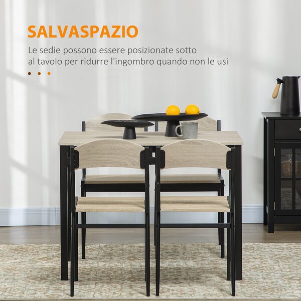 HOMCOM Set Tavolo e Sedie 5pz, Tavolo da pranzo Rettangolare e 4 Sedie, pannello effetto legno a una struttura in metallo, Nero e Rovere | Aosom Italy