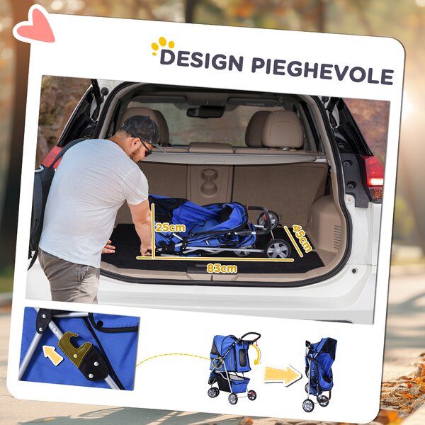 PawHut Passeggino Pieghevole con Cestino Portaoggetti e Imbottitura Lavabile, Carrello per Animali Domestici, 75 x 45 x 97cm, Blu | Aosom Italy
