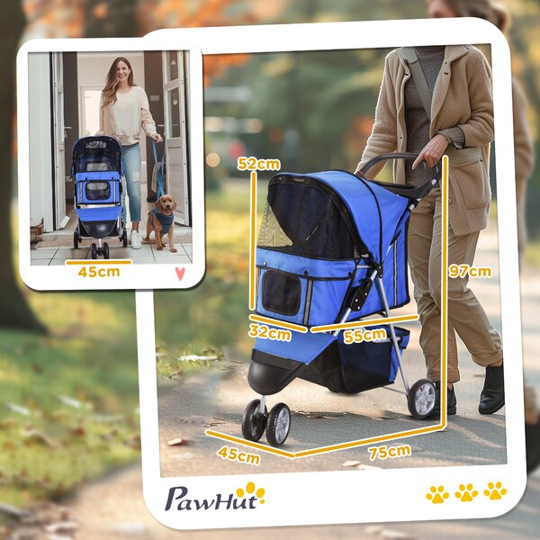PawHut Passeggino Pieghevole con Cestino Portaoggetti e Imbottitura Lavabile, Carrello per Animali Domestici, 75 x 45 x 97cm, Blu | Aosom Italy