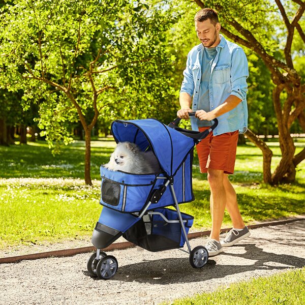PawHut Passeggino Pieghevole con Cestino Portaoggetti e Imbottitura Lavabile, Carrello per Animali Domestici, 75 x 45 x 97cm, Blu | Aosom Italy