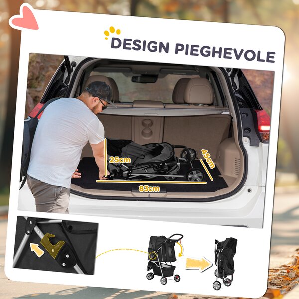 PawHut Passeggino Pieghevole per Cani con Portabicchieri e Cestino, Carrello in Acciaio e Poliestere, 75x45x97 cm, Nero | Aosom Italy