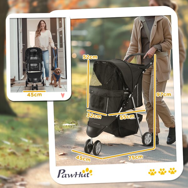 PawHut Passeggino Pieghevole per Cani con Portabicchieri e Cestino, Carrello in Acciaio e Poliestere, 75x45x97 cm, Nero | Aosom Italy