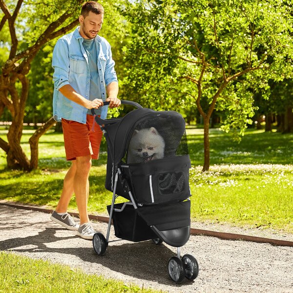 PawHut Passeggino Pieghevole per Cani con Portabicchieri e Cestino, Carrello in Acciaio e Poliestere, 75x45x97 cm, Nero | Aosom Italy