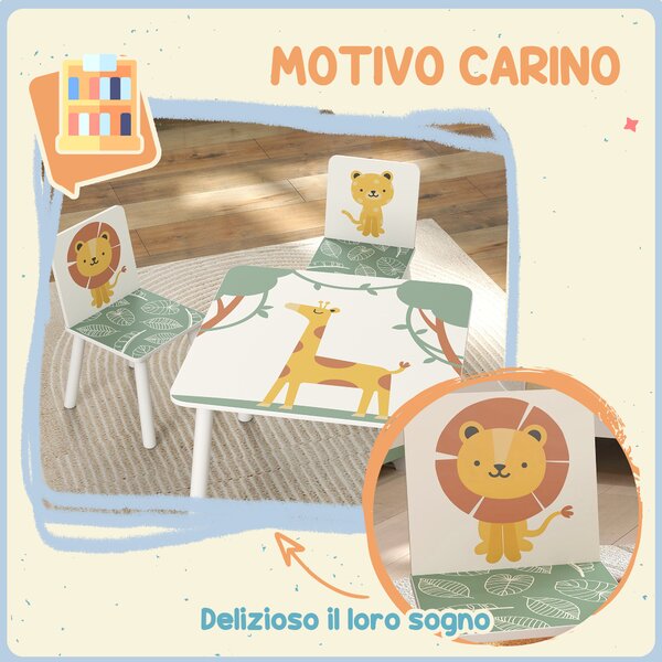 AIYAPLAY Set Arredo Cameretta con Tavolo e 2 Sedie per Bambini da 3-8 Anni con Fantasia con Animali, Verde | Aosom Italy
