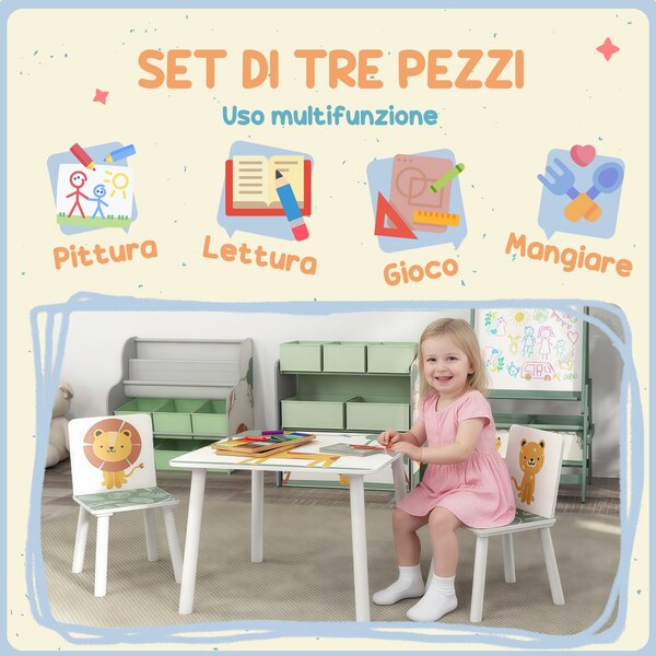 AIYAPLAY Set Arredo Cameretta con Tavolo e 2 Sedie per Bambini da 3-8 Anni con Fantasia con Animali, Verde | Aosom Italy