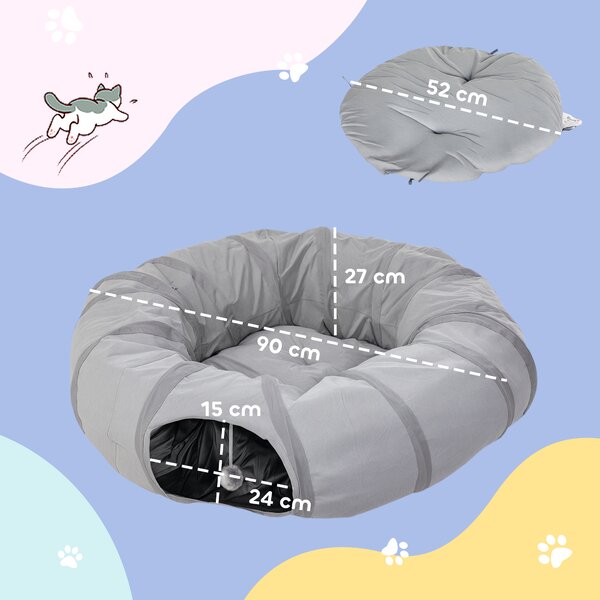 PawHut Tunnel per gatti con letto e cuscino, pieghevole, con fori per palline e porticina, Ø 90 x 27 cm grigio | Aosom Italy