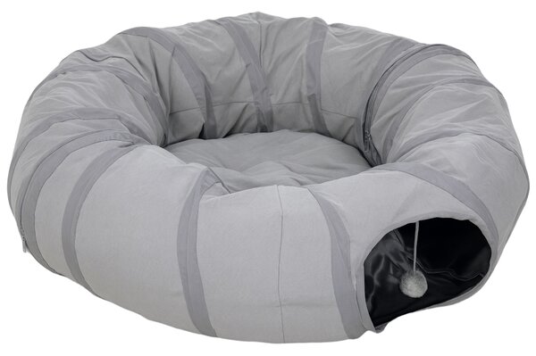 PawHut Tunnel per gatti con letto e cuscino, pieghevole, con fori per palline e porticina, Ø 90 x 27 cm grigio | Aosom Italy
