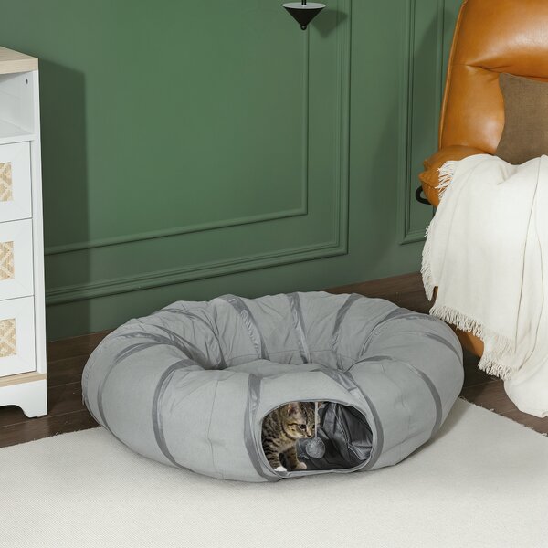 PawHut Tunnel per gatti con letto e cuscino, pieghevole, con fori per palline e porticina, Ø 90 x 27 cm grigio | Aosom Italy