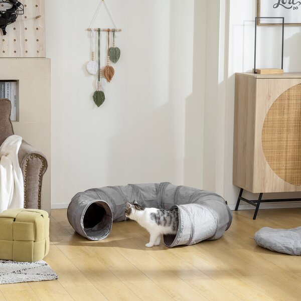 PawHut Tunnel per gatti con letto e cuscino, pieghevole, con fori per palline e porticina, Ø 90 x 27 cm grigio | Aosom Italy
