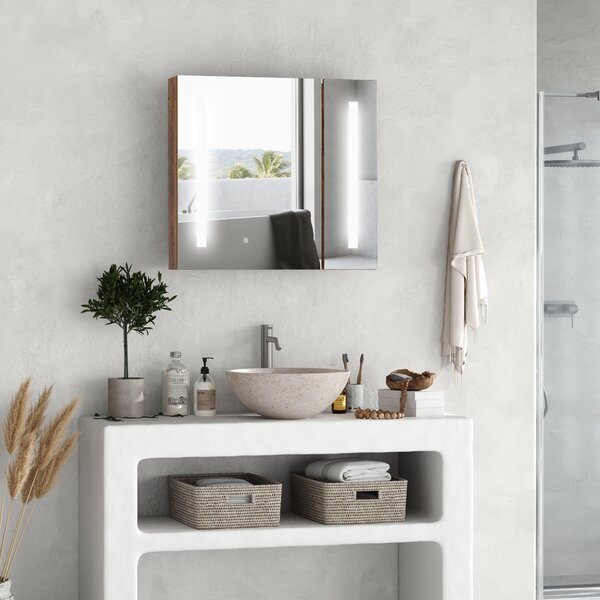 Kleankin Mobiletto Bagno con Specchio e Luci LED Regolabili, 2 Ante e Mensola Regolabile, Design a parete, 70x15x65cm, Marrone|Aosom Italy