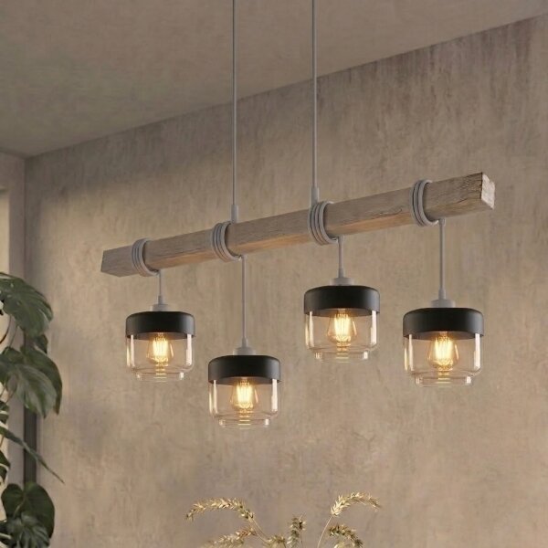 Brilagi - Lampadario a cavo WOOD GLASS 4xE27/60W/230V pino/grigio/marrone fumé