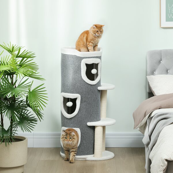 PawHut Torre per Gatti a 4 Livelli, Albero Tiragraffi Stabile con Pali in Sisal e Bordo in Peluche, 2 Piattaforme, 50x36x101 cm, Grigio | Aosom Italy