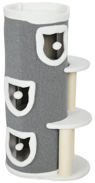PawHut Torre per Gatti a 4 Livelli, Albero Tiragraffi Stabile con Pali in Sisal e Bordo in Peluche, 2 Piattaforme, 50x36x101 cm, Grigio | Aosom Italy