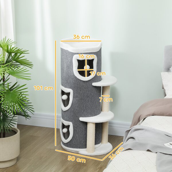 PawHut Torre per Gatti a 4 Livelli, Albero Tiragraffi Stabile con Pali in Sisal e Bordo in Peluche, 2 Piattaforme, 50x36x101 cm, Grigio | Aosom Italy