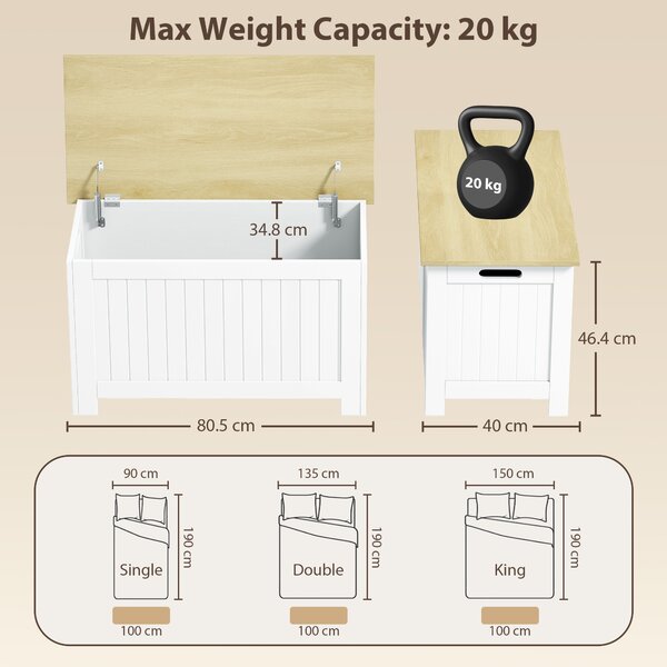 HOMCOM Baule Contenitore 90 L con Coperchio, Baule Versatile con Cerniera di Sicurezza, 80,5x40x46,4 cm, Naturale e Bianco | Aosom Italy