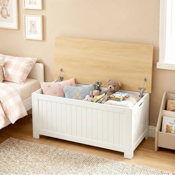 HOMCOM Baule Contenitore 90 L con Coperchio, Baule Versatile con Cerniera di Sicurezza, 80,5x40x46,4 cm, Naturale e Bianco | Aosom Italy