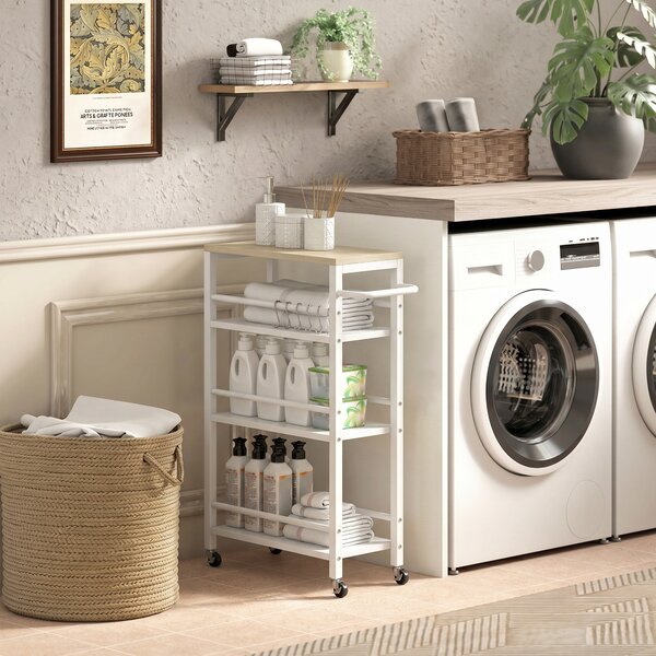 HOMCOM Carrello Ausiliario con Ruote a 4 Livelli, Carrello da Cucina con Portasalviette e 6 Ganci, per Sala da Pranzo, 50x20x81 cm, Rovere | Aosom Italy