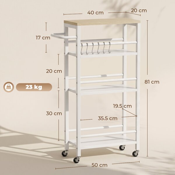 HOMCOM Carrello Ausiliario con Ruote a 4 Livelli, Carrello da Cucina con Portasalviette e 6 Ganci, per Sala da Pranzo, 50x20x81 cm, Rovere | Aosom Italy