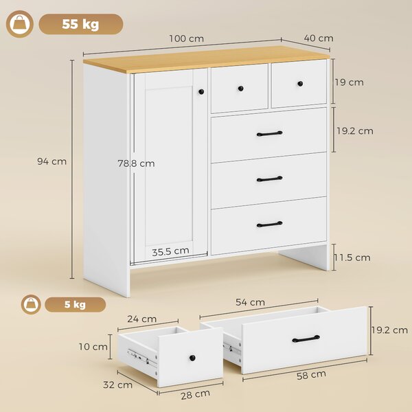 HOMCOM Buffet Cucina, Mobile Contenitore con 5 Cassetti e Anta, Stile Rustico, 100x40x94 cm, Bianco | Aosom Italy