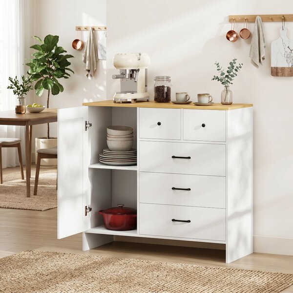 HOMCOM Buffet Cucina, Mobile Contenitore con 5 Cassetti e Anta, Stile Rustico, 100x40x94 cm, Bianco | Aosom Italy