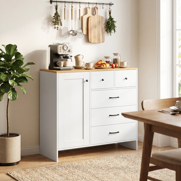HOMCOM Buffet Cucina, Mobile Contenitore con 5 Cassetti e Anta, Stile Rustico, 100x40x94 cm, Bianco | Aosom Italy