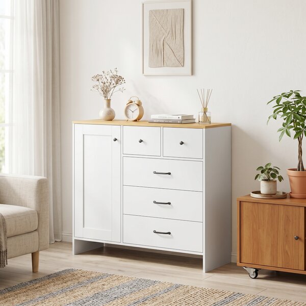 HOMCOM Buffet Cucina, Mobile Contenitore con 5 Cassetti e Anta, Stile Rustico, 100x40x94 cm, Bianco | Aosom Italy