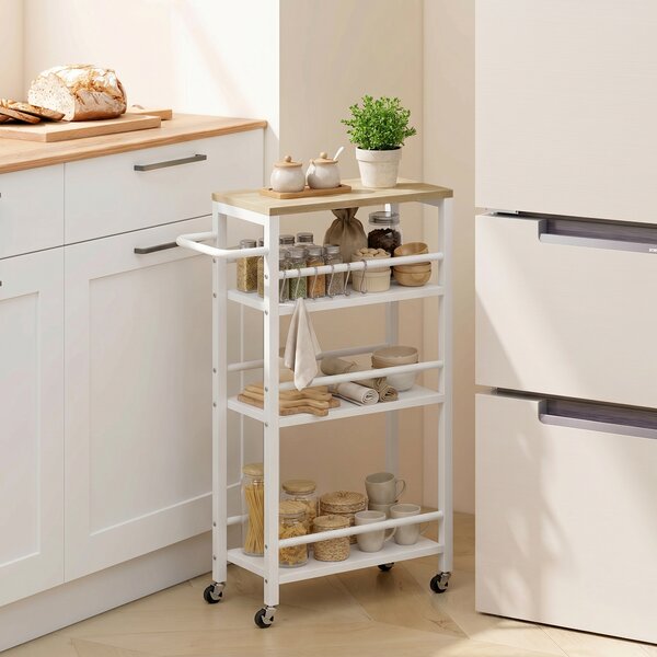 HOMCOM Carrello Ausiliario con Ruote a 4 Livelli, Carrello da Cucina con Portasalviette e 6 Ganci, per Sala da Pranzo, 50x20x81 cm, Rovere | Aosom Italy