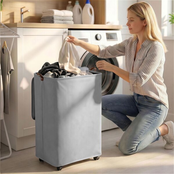 HOMCOM Cesto per Biancheria con Coperchio e Ruote 50 L, Cesta Pieghevole con Sacca a Coulisse Removibile, 40x30x65 cm, Grigio | Aosom Italy