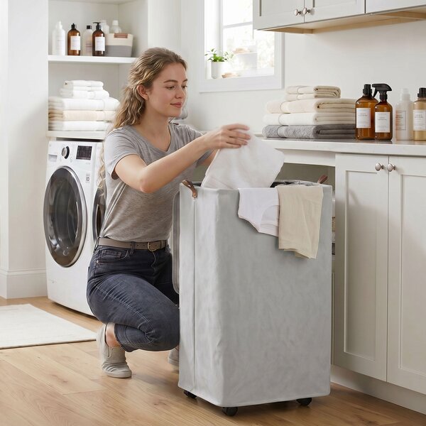 HOMCOM Cesto per Biancheria con Coperchio e Ruote 50 L, Cesta Pieghevole con Sacca a Coulisse Removibile, 40x30x65 cm, Grigio | Aosom Italy