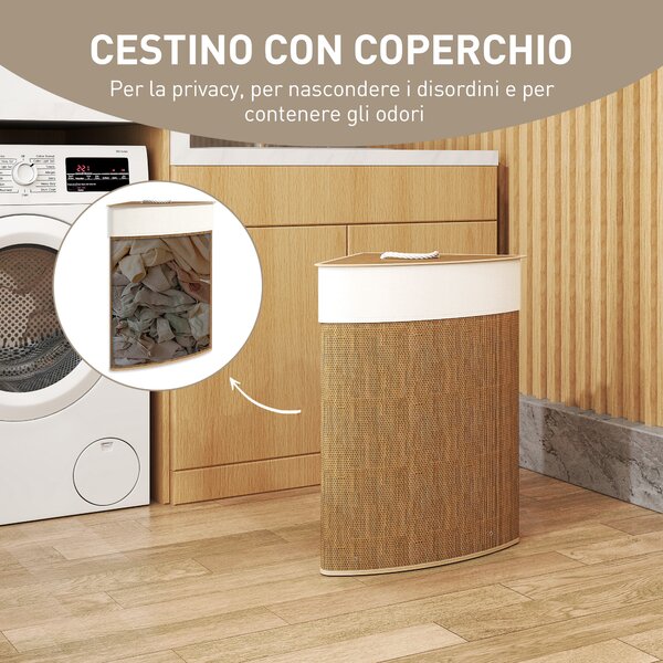 HOMCOM Cesto Portabiancheria Angolare in Bambù da 55L con Sacco Estraibile e Coperchio Removibile, 35x35x60 cm, Marrone | Aosom Italy