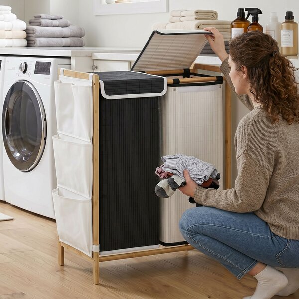 HOMCOM Cesto Portabiancheria 2 Scomparti 120L con Coperchi, Tasche Laterali e Sacchi Estraibili, per Camera da Letto | Aosom Italy