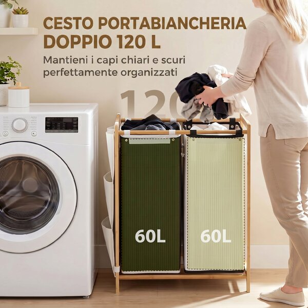 HOMCOM Cesto Portabiancheria 2 Scomparti 120L con Coperchi, Tasche Laterali e Sacchi Estraibili, per Camera da Letto | Aosom Italy
